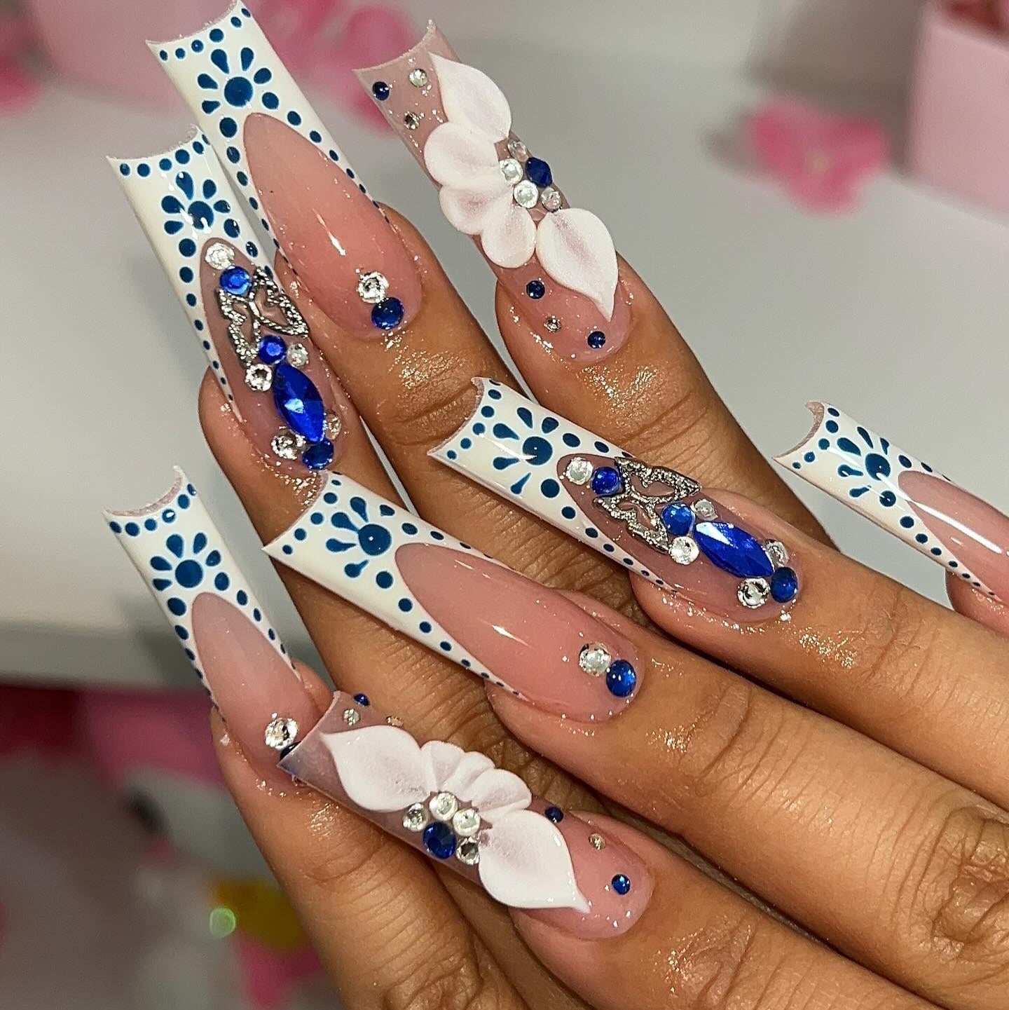Elegant Blue & White Luxury Nail Art: A Symphony of Sophistication