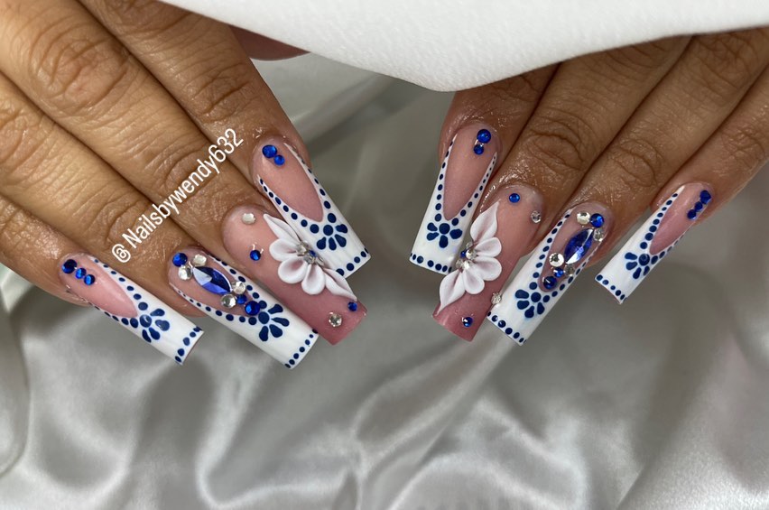 Elegant Blue & White Luxury Nail Art: A Symphony of Sophistication
