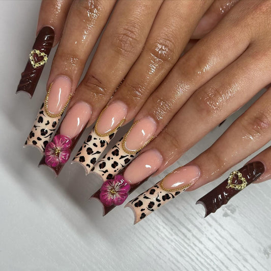 Luxurious Leopard & Pink Floral Nail Art: A Blend of Wild and Sweet