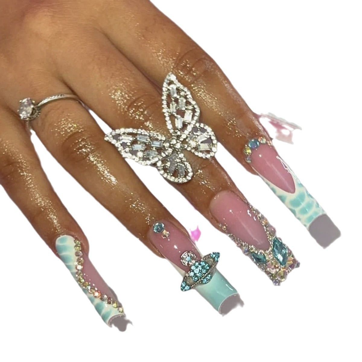 Glamorous Pink & Turquoise Nail Art: A Butterfly - Kissed Fantasy