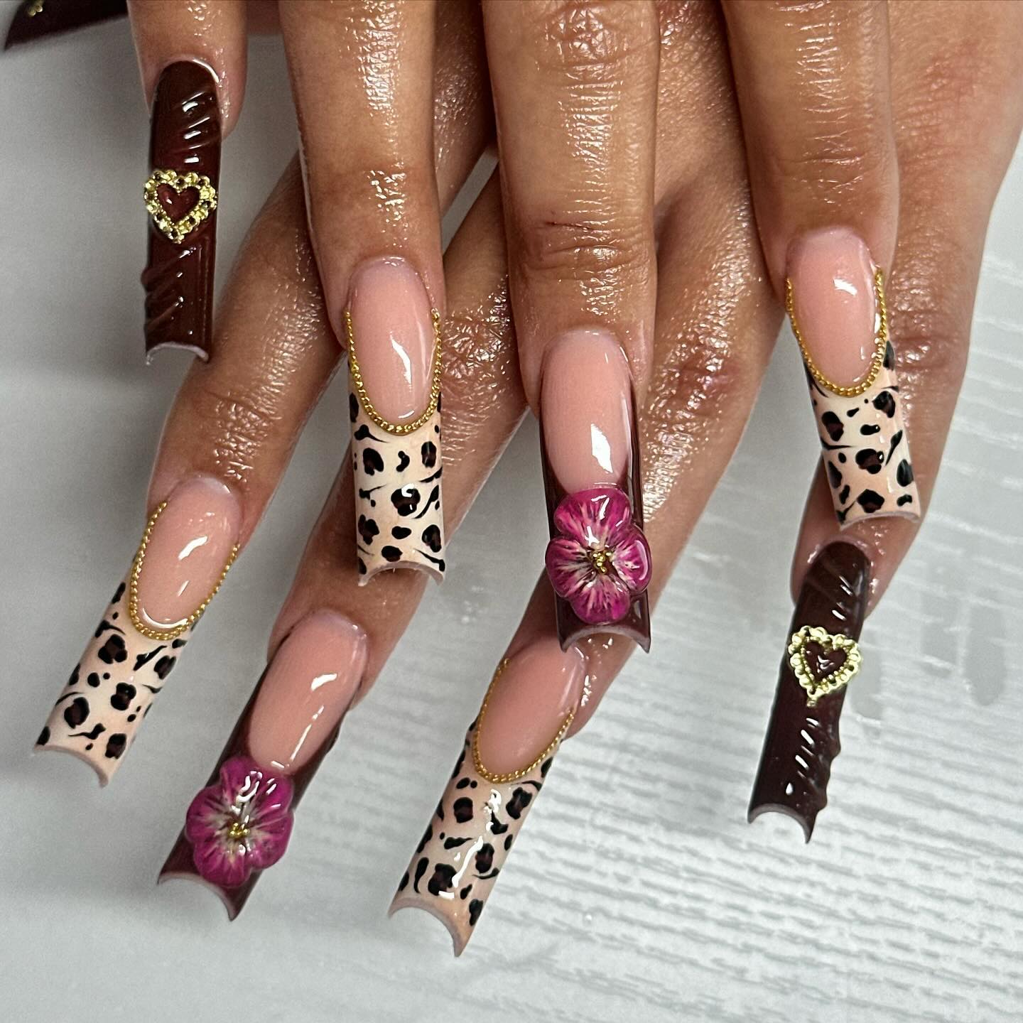 Luxurious Leopard & Pink Floral Nail Art: A Blend of Wild and Sweet