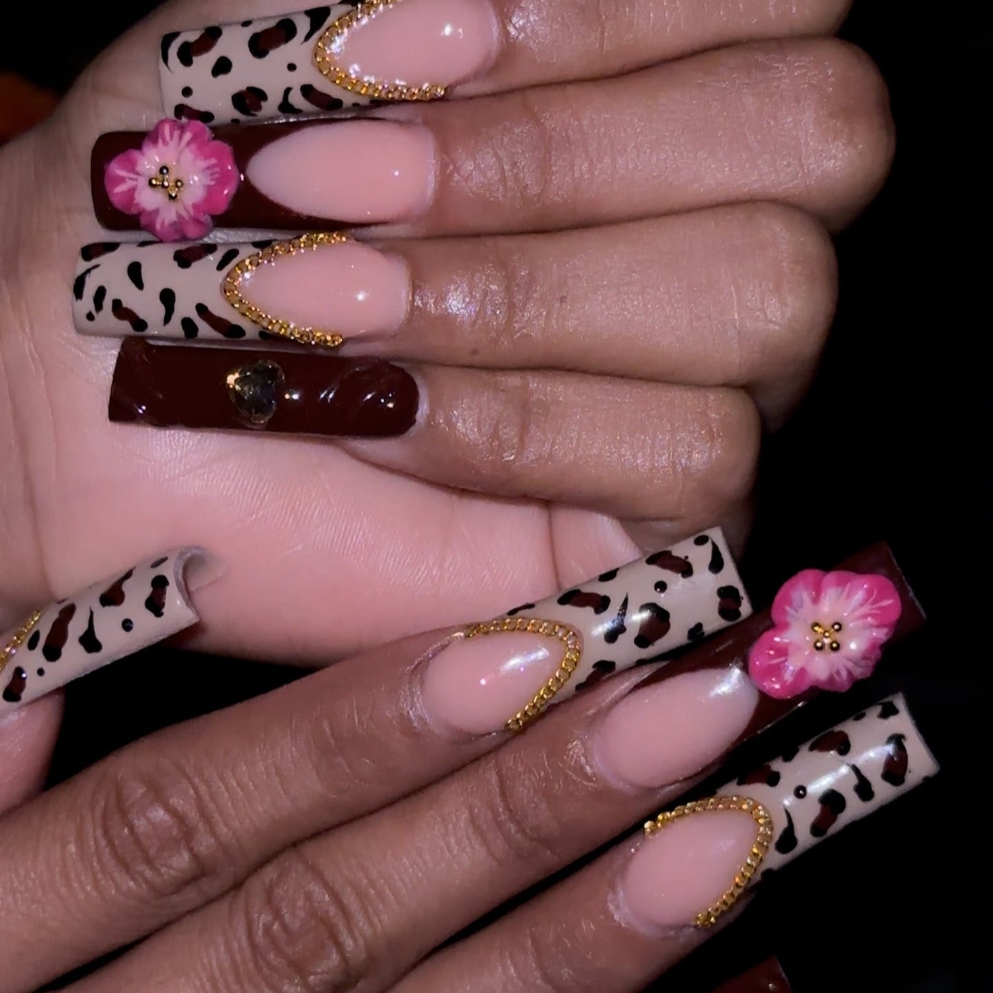 Luxurious Leopard & Pink Floral Nail Art: A Blend of Wild and Sweet