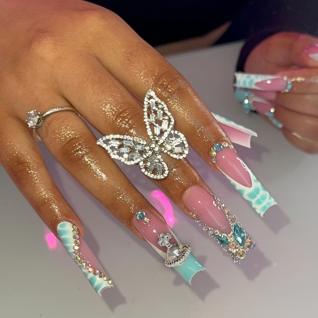 Glamorous Pink & Turquoise Nail Art: A Butterfly - Kissed Fantasy