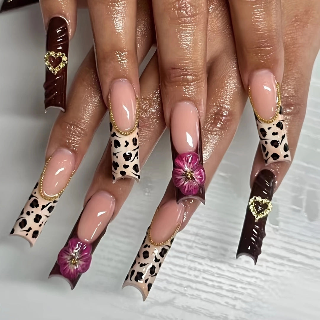 Luxurious Leopard & Pink Floral Nail Art: A Blend of Wild and Sweet
